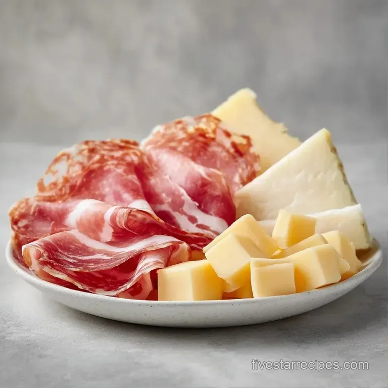 A rustic wooden platter overflowing with folded meats, creamy soft cheeses, and colorful clusters of red grapes.