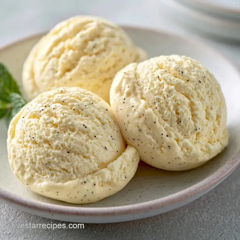 Three smooth scoops of pale cream dessert in a crystal bowl topped with a fresh mint leaf and a wafer cookie.
