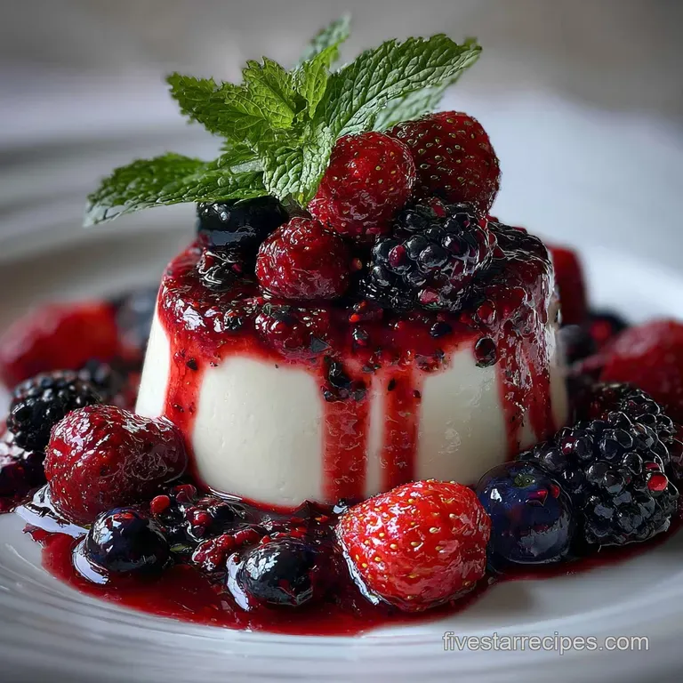 Elegant panna cotta with a berry sauce drizzle. Garnished with fresh mint, creamy texture, a delightful light dessert pres...