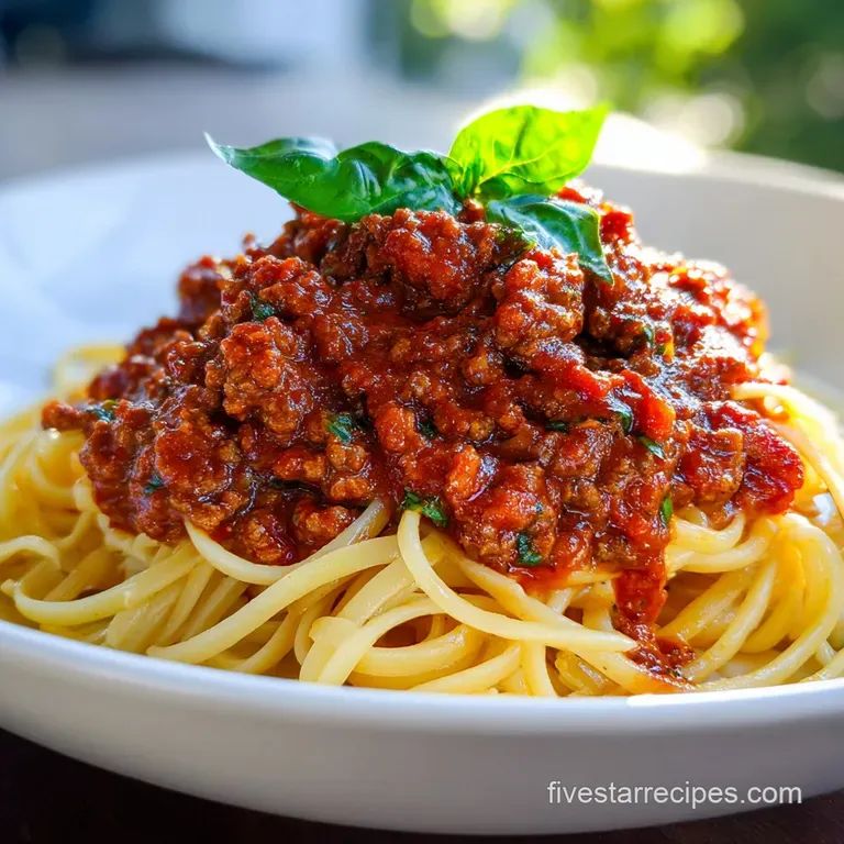 A swirl of hearty meat sauce atop al dente pasta, garnished with fresh basil and a sprinkle of grated Parmesan cheese.