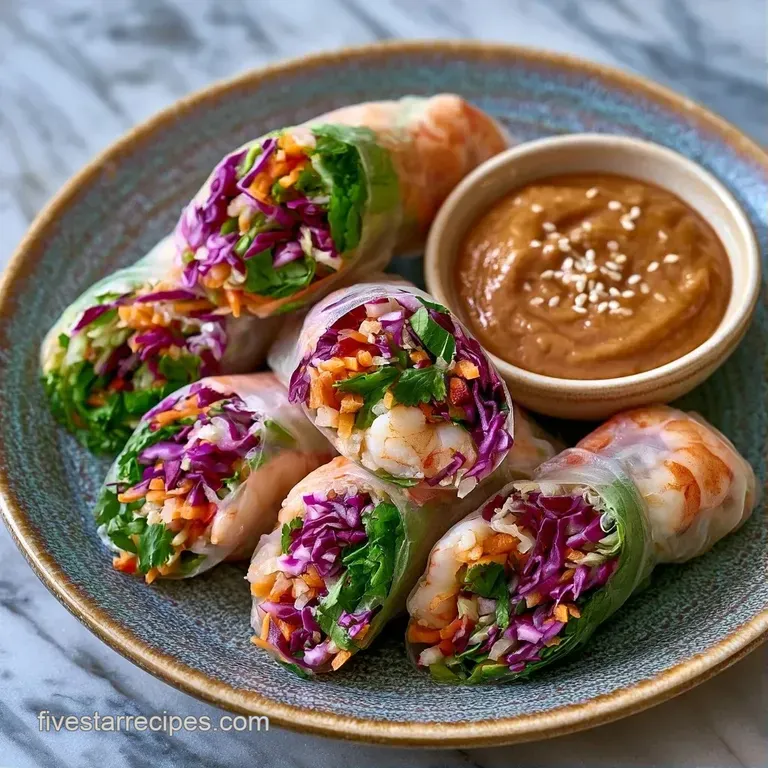 Neatly aligned translucent rolls with colorful vegetable fillings served on a slate platter with a side of dipping sauce.