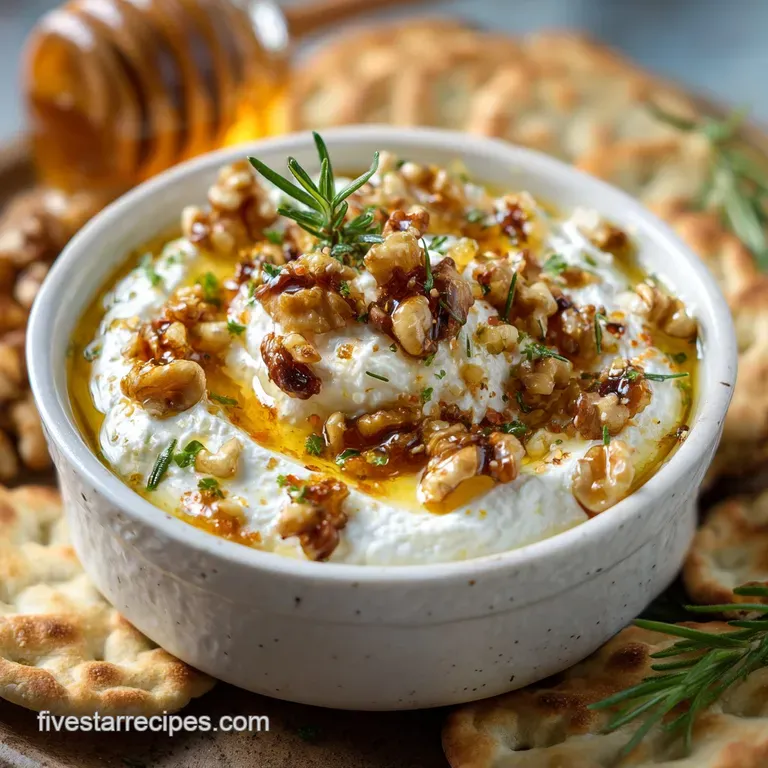 Whipped feta drizzled with honey & walnuts, artfully plated with crusty bread; a visually appealing appetizer.